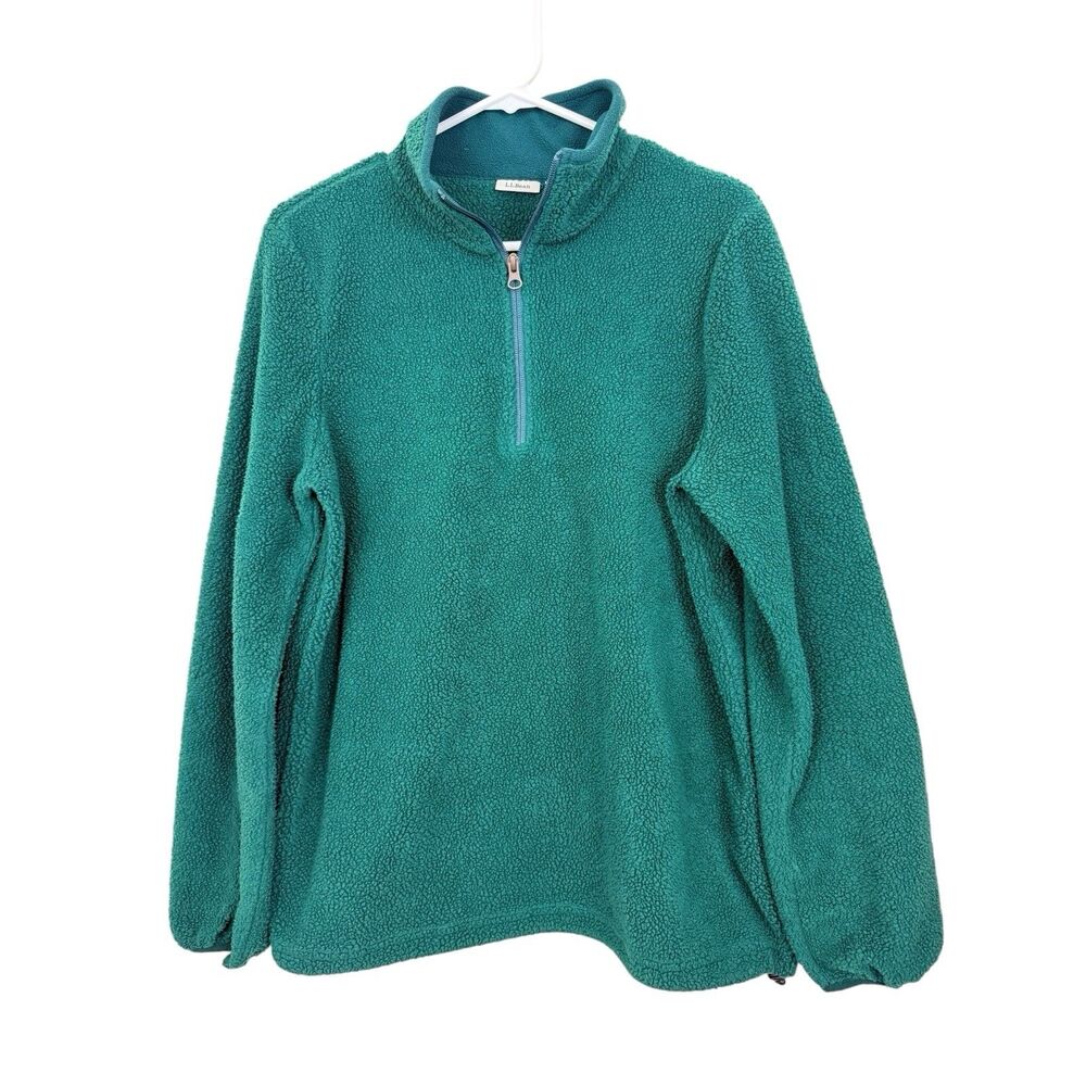 LL Bean Jacket Womens Sz Medium Green Sherpa Fleece 1/4 Zip Pullover Elastic Hem
